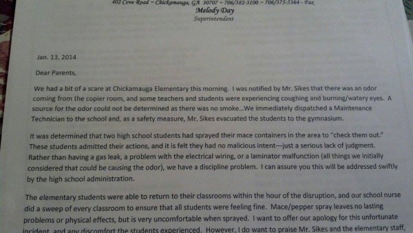 Chickamauga Elementary Mace Letter