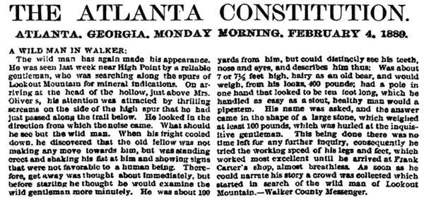 February 4 1889 Atlanta Constitution / Bigfoot in Walker County