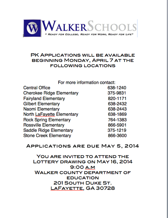 Walker Co Schools Pre-K Applications