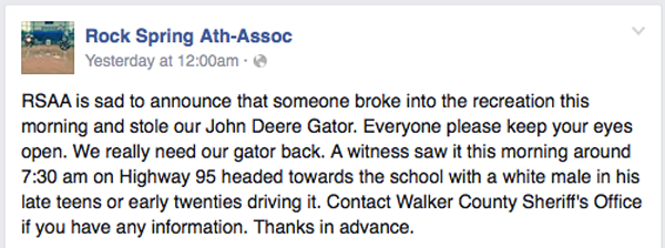 Rock Spring Athletic Association Gator Theft