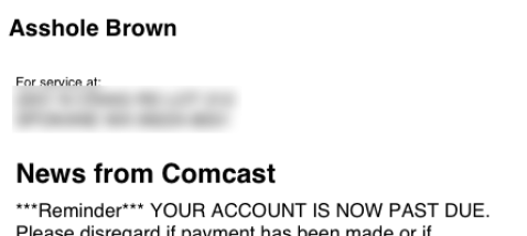 Comcast Bill to Asshole Brown