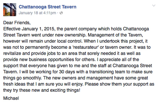 Chattanooga Street Tavern Ownership Change