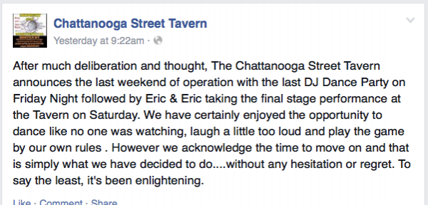 Chattanooga Street Tavern Closing / Facebook