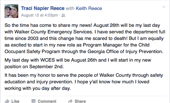 Traci Reece Leaving Walker Co Emergency Services