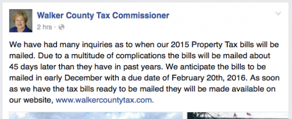 Walker Tax Commissioner Facebook / Tax Bills Will Be Late