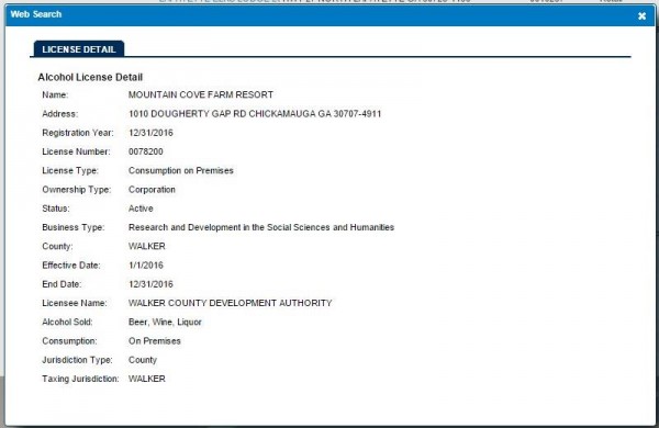 Mountain Cove Farms Alcohol License / 2016