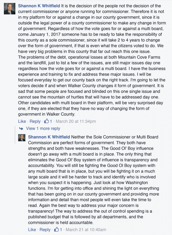 Shannon Whitfield Facebook on Sole Commissioner