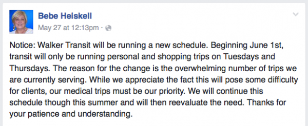 Bebe Facebook - Walker Transit Schedule Change